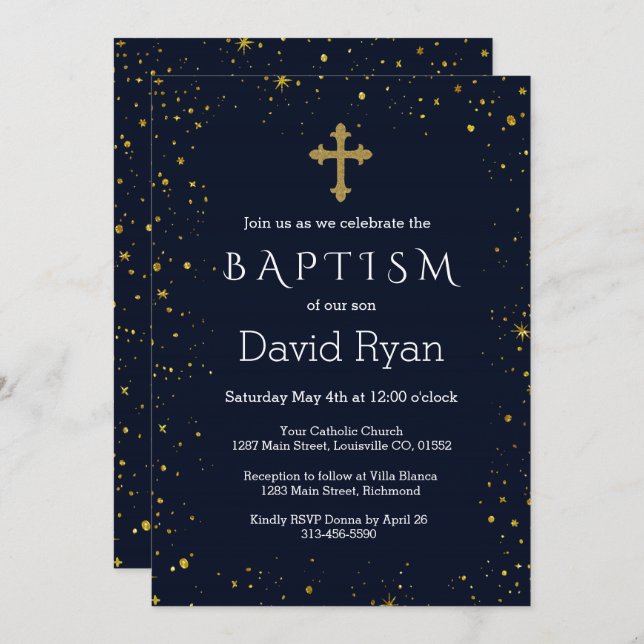Whimsical Gold Starry Night Boy Baptism Invitation (Front/Back)