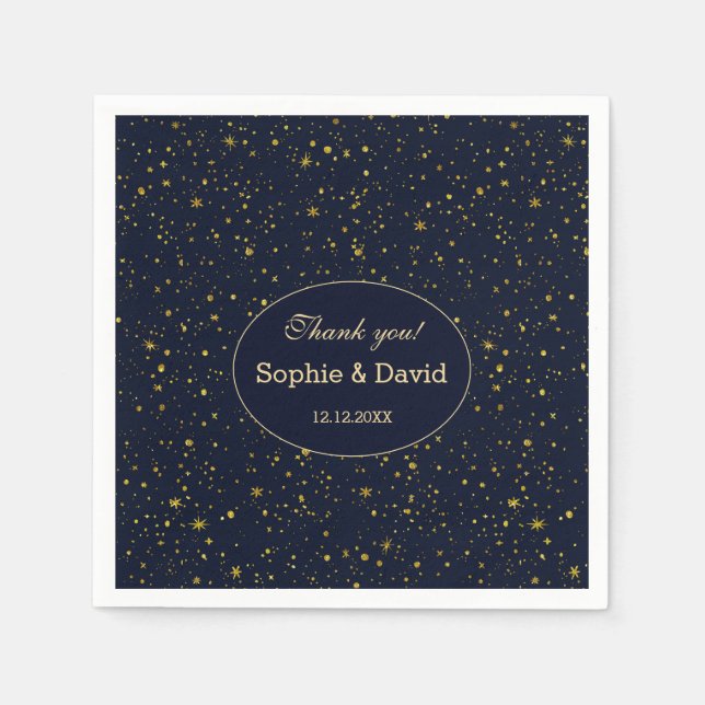 Whimsical Gold Starry Night Navy Blue Wedding Napkin (Front)