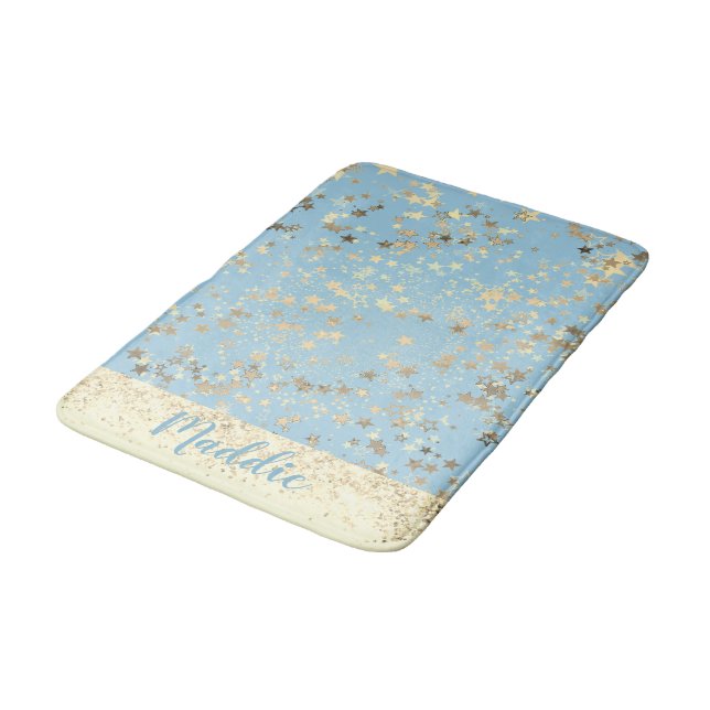 Whimsical Gold Stars on Blue Personalised Bath Mat (Angled)