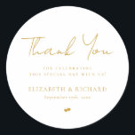Whimsical Gold White Script Thank You Wedding Classic Round Sticker<br><div class="desc">Modern and elegant design printed Whimsical Gold White Calligraphy Script Thank You Wedding Classic Round Sticker that can be customised with your text. Please click the "Customise it" button and use our design tool to modify this template. Check out the Graphic Art Design store for other products that match this...</div>
