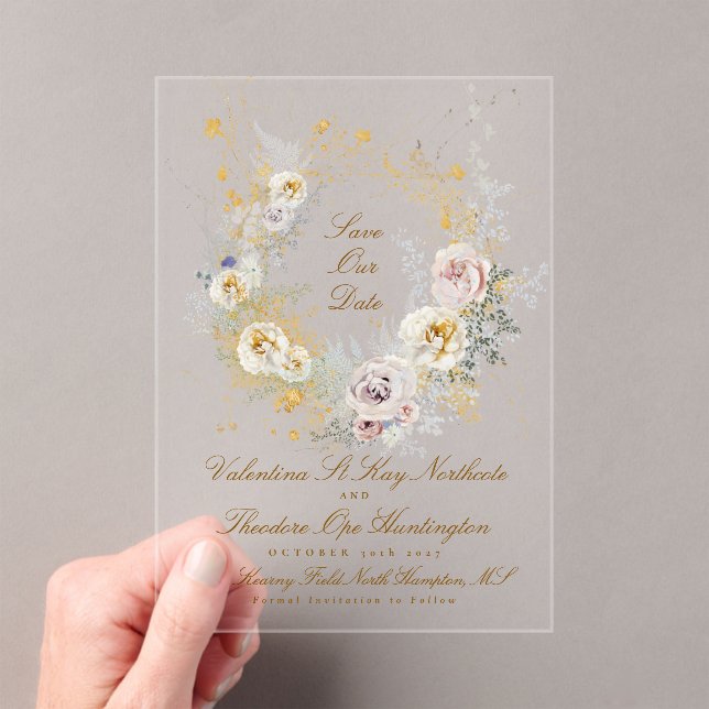 whimsical golden floral wreath photo save the date acrylic invitations (Insitu (Handheld))