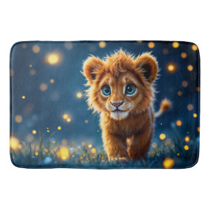 Whimsical golden lion cub in dreamlike scene bath mat