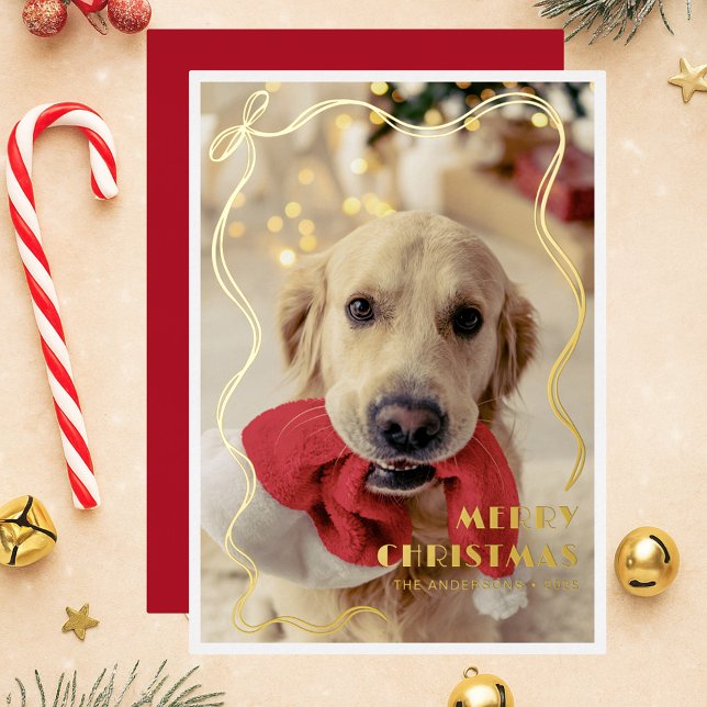 Whimsical Golden Ribbon Pet Photo Merry Christmas (Creator Uploaded)