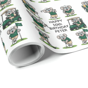 whimsical golfer koalas wrapping paper