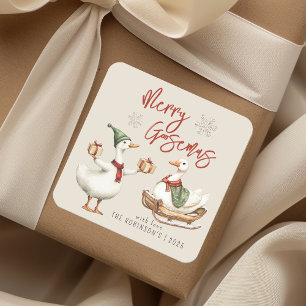 Whimsical Goose Christmas Holiday Gift Square Sticker