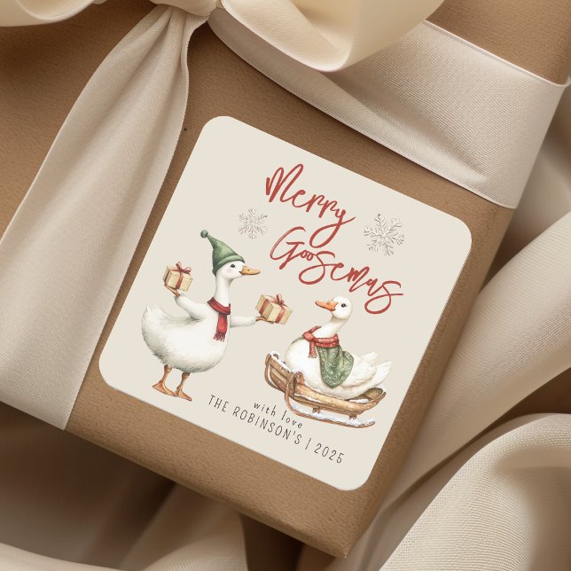 Whimsical Goose Christmas Holiday Gift Square Sticker (Creator Uploaded)