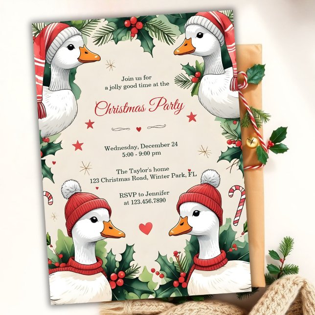 Whimsical Goose Cosy Winter Christmas Party Invitation (Whimsical Goose Christmas Party Invitation. Cozy Winter Hats, Holly & Candy Canes)