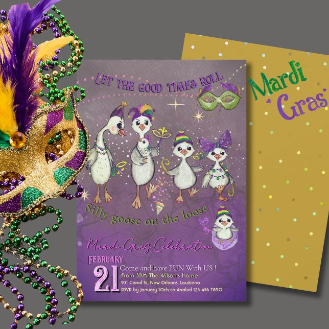 Whimsical Goose Family Mardi Gras Purple Yellow Invitation (Whimsical Goose Family Mardi Gras Purple Yellow Invitation)