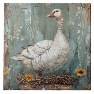 Whimsical Goose on a Nest Tile