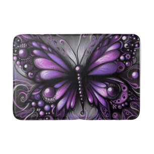Whimsical Gothic Butterfly Purple Black Colourful Bath Mat