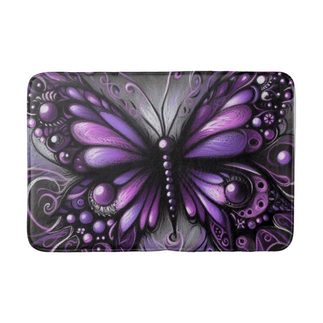Whimsical Gothic Butterfly Purple Black Colourful Bath Mat (Front)