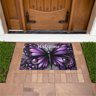 Whimsical Gothic Butterfly Purple Black Colourful Doormat