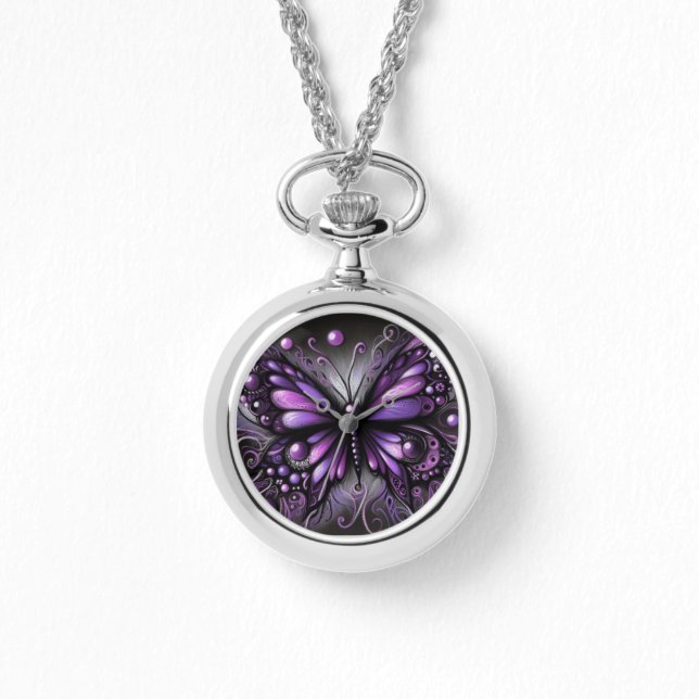 Whimsical Gothic Butterfly Purple Black Colourful Watch (Front)