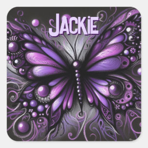Whimsical Gothic Butterfly Purple Personalised Square Sticker