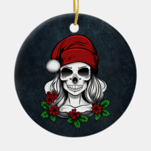 Whimsical Gothic Santa Skull Christmas Ceramic Tree Decoration