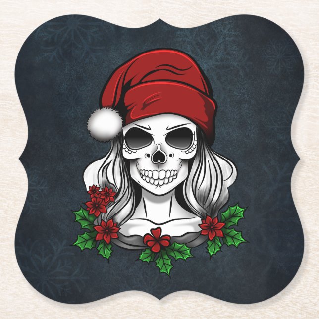 Whimsical Gothic Santa Skull Christmas Paper Coaster (Front)