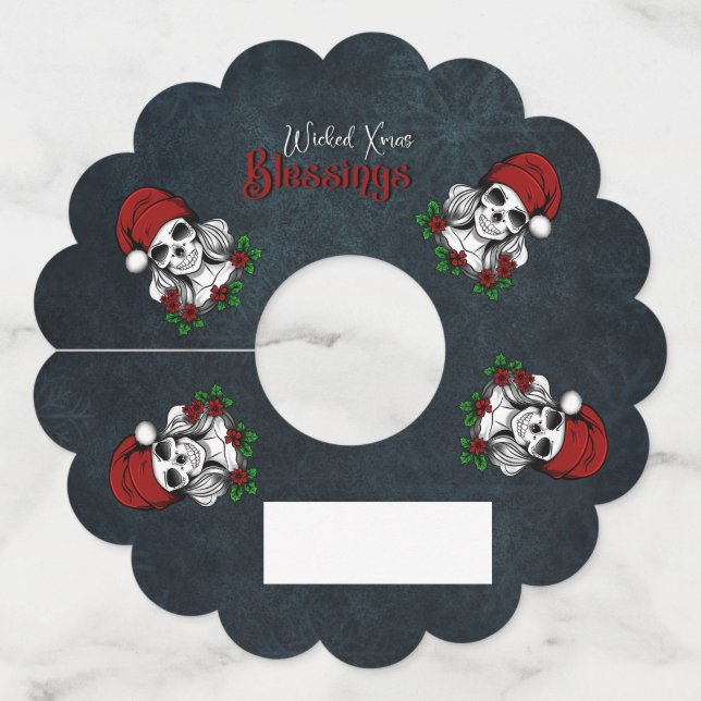 Whimsical Gothic Santa Skull Christmas Wine Glass Tag (Front)