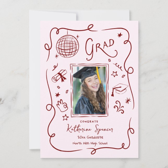 Whimsical Grad Party Photo Doodle Invitation Red (Front)