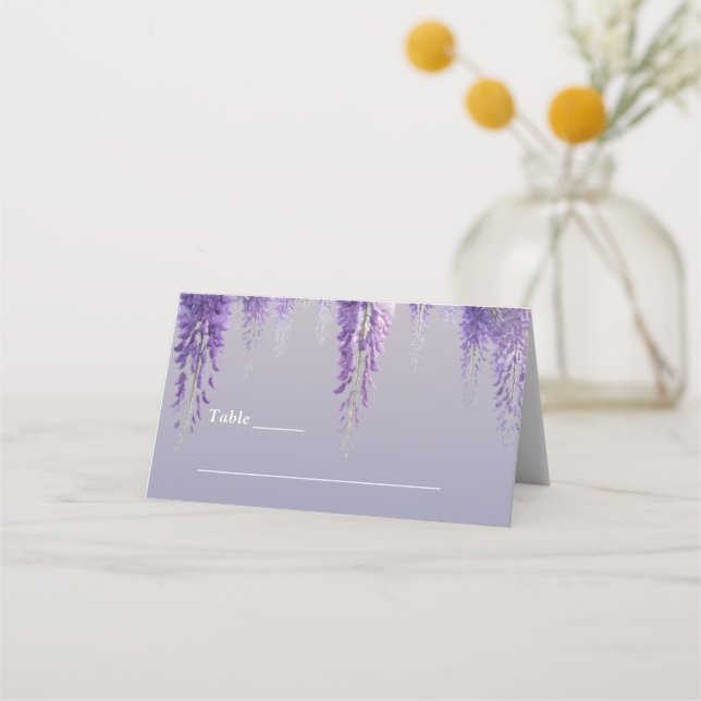 Whimsical Gradient Purple Floral Monogram Wedding Place Card (Front)