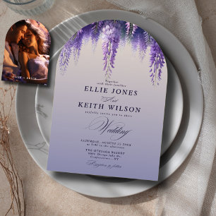 Whimsical Gradient Purple Floral Photo Arch Weddin Invitation
