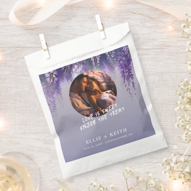 Whimsical Gradient Purple Floral Photo Wedding Favour Bags (Clipped)