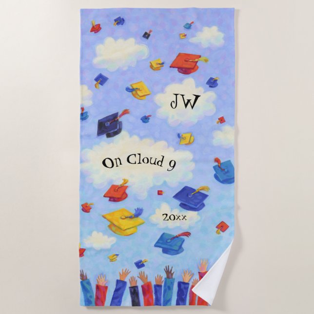 Whimsical Graduation Cap Toss Personalised Beach Towel (Front)