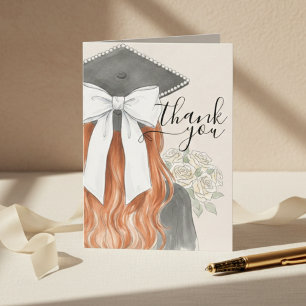 Whimsical Graduation Cap with Bow & Pearls Script Thank You Card