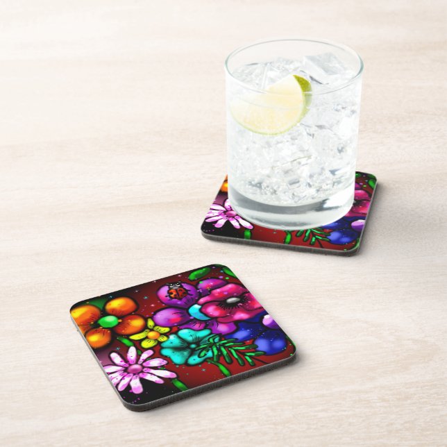 Whimsical Graffiti-Style Floral Flowers Ladybug Coaster (Right Side)