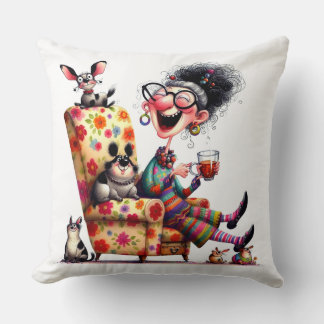 Whimsical Grandma Pillow Colourful Funny Art Pets