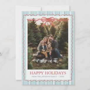 Whimsical Grandmillenial Blue Bow Family Photo Holiday Card