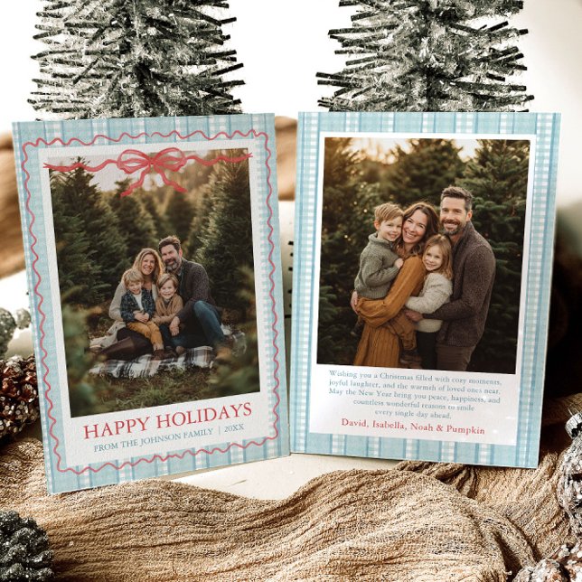 Whimsical Grandmillenial Blue Bow Family Photo Holiday Card (Whimsical Grandmillenial Blue Bow Family Photo Holiday Card)