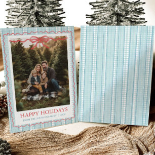 Whimsical Grandmillenial Blue Bow Family Photo Holiday Card