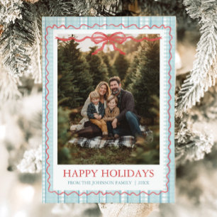 Whimsical Grandmillenial Blue Bow Family Photo Holiday Card