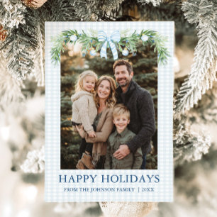 Whimsical Grandmillenial Blue Bow Family Photo Holiday Card