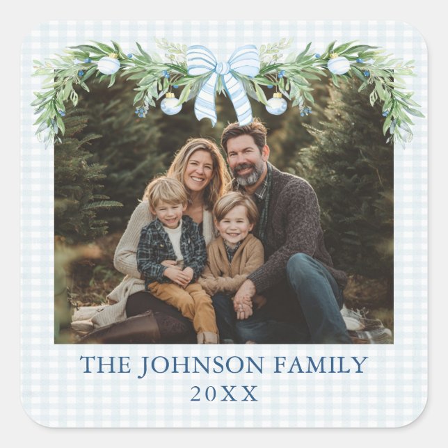 Whimsical Grandmillenial Blue Bow Family Photo Square Sticker (Front)