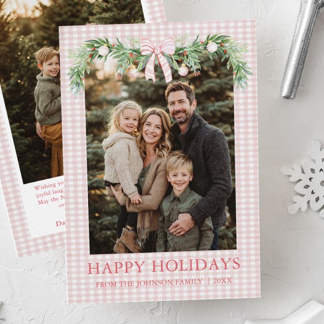 Whimsical Grandmillenial Pink Bow Family Photo Holiday Card (Whimsical Grandmillenial Pink Bow Family Photo Holiday Card)