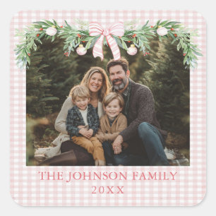 Whimsical Grandmillenial Pink Bow Family Photo Square Sticker