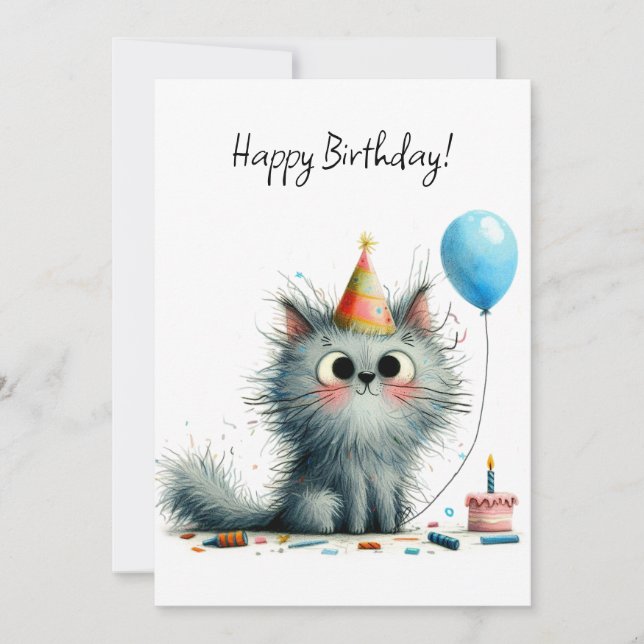 Whimsical Gray Cat Party Hat Balloon Birthday Flat Card (Front)