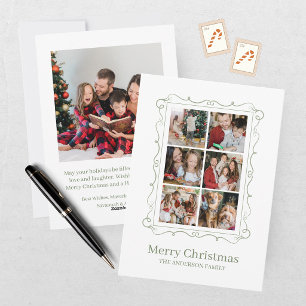 Whimsical Green 7 Photo Collage Christmas Holiday Card