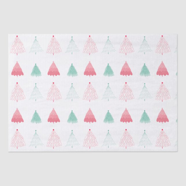 Whimsical Green and Pink Trees Christmas Tissue Paper (Front)