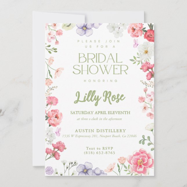 Whimsical Green and Pinks Bridal Shower Invites (Front)