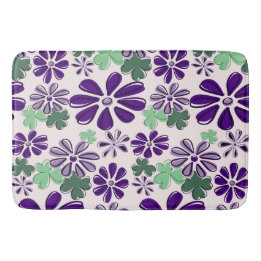Whimsical Green and Purple Clover & Flower Doodle Bath Mat