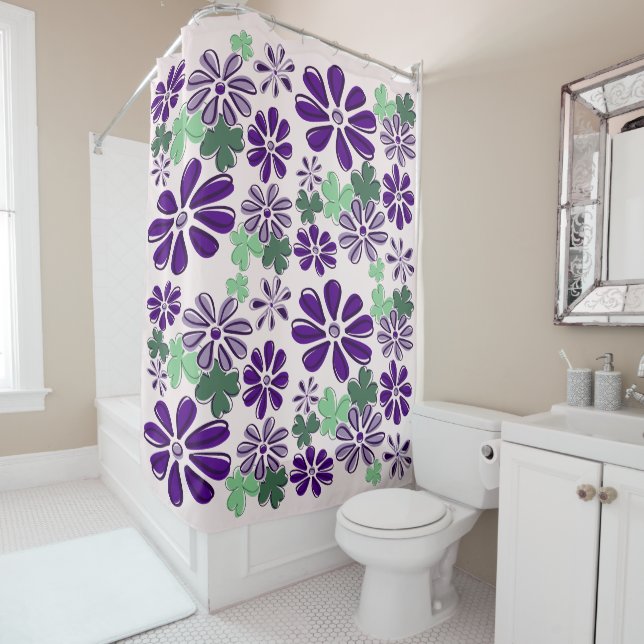 Whimsical Green and Purple Clover & Flower Doodle Shower Curtain (In Situ)