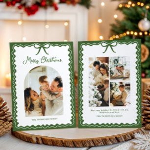 Whimsical Green Bow Christmas Photo Collage Holiday Card