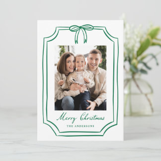 Whimsical Green Bow Frame Christmas Photo Holiday Card