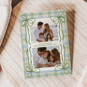 Whimsical Green Bow Frame Coastal Gingham 2 Photo Holiday Card