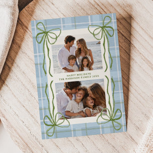 Whimsical Green Bow Frame Coastal Plaid 2 Photo Holiday Card