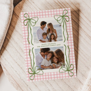 Whimsical Green Bow Frame Cottage Gingham 2 Photo Holiday Card