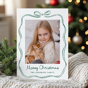 Whimsical Green Bow Meowy Christmas Photo Holiday Card