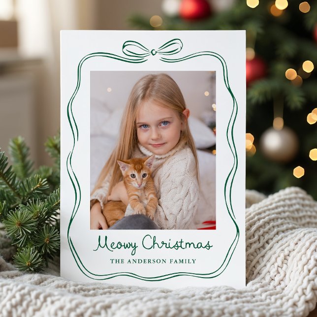 Whimsical Green Bow Meowy Christmas Photo Holiday Card (Creator Uploaded)